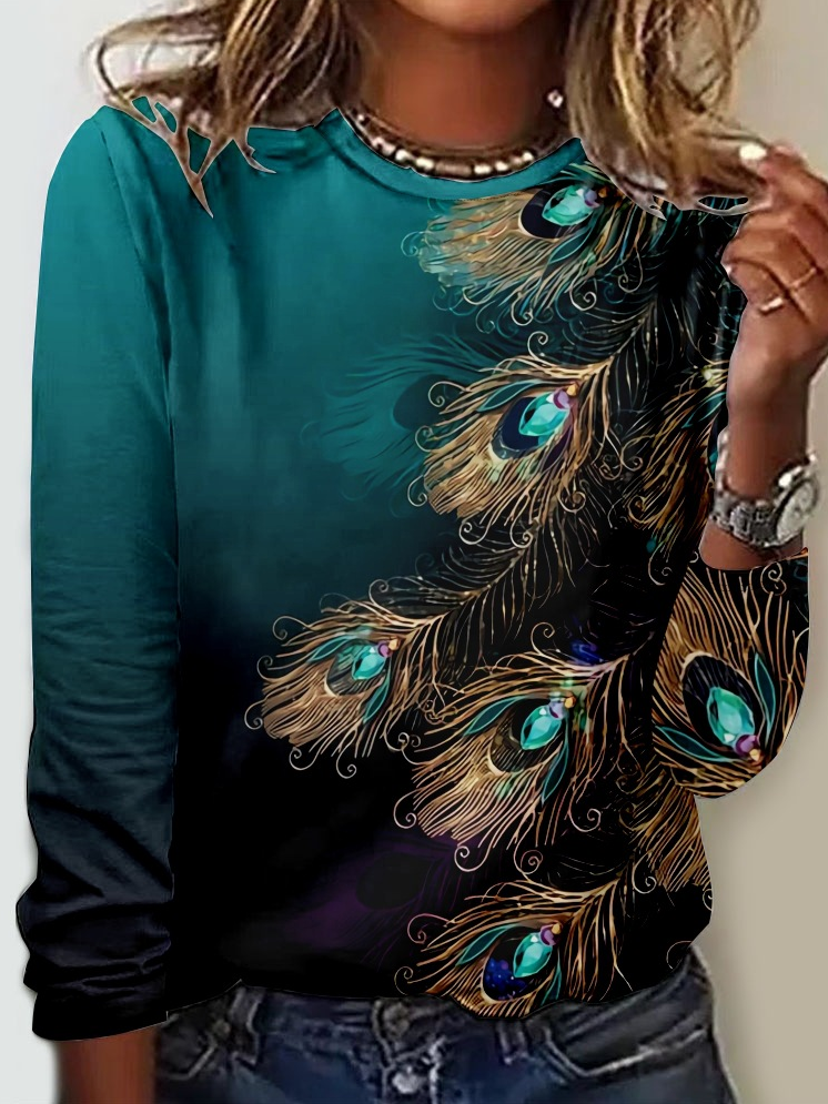 Women's Art Feather Casual Peacock Crew Neck Shirt
