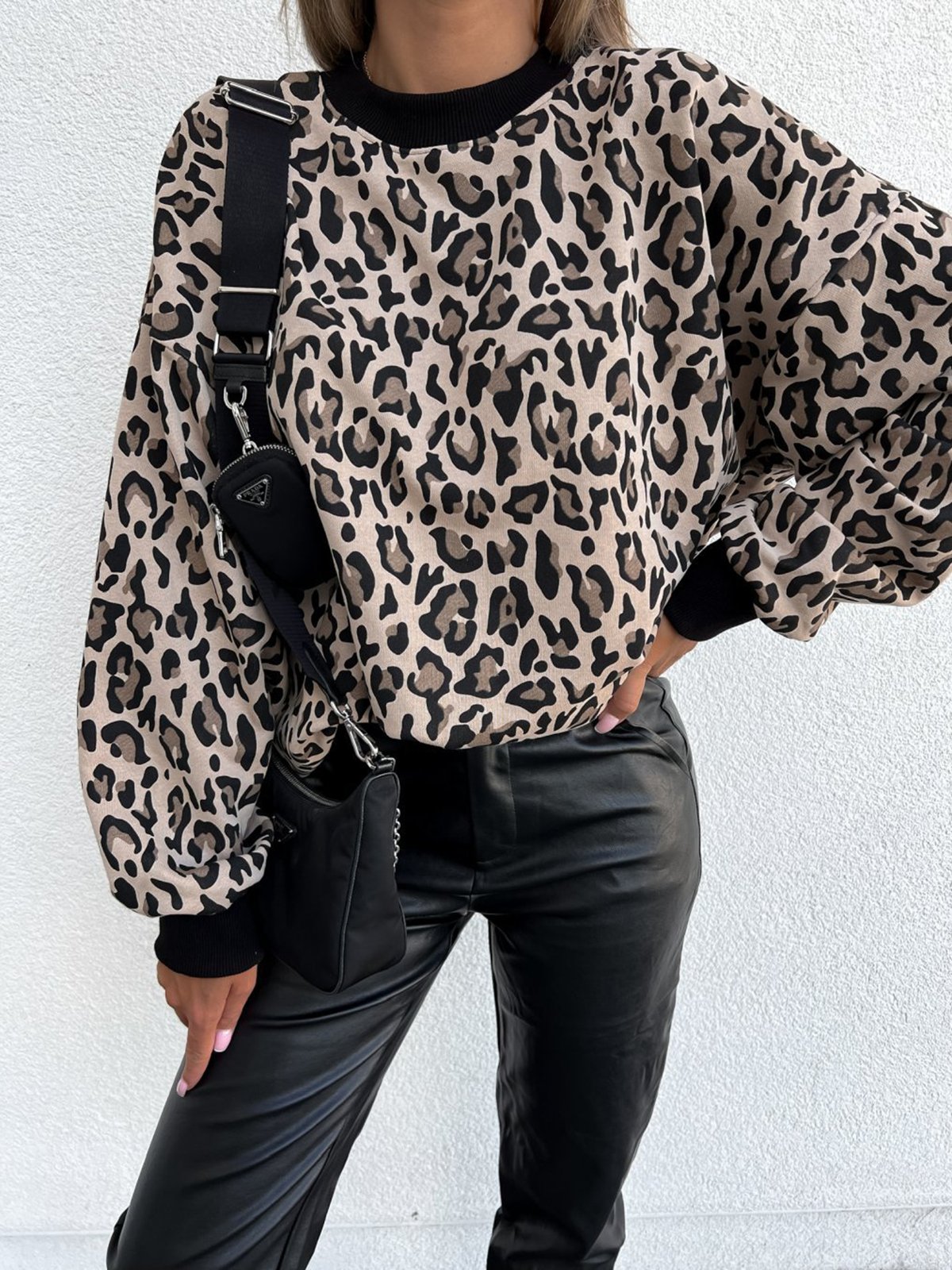 Leopard Zebra Houndstooth Loose Crew Neck Casual Sweatshirt