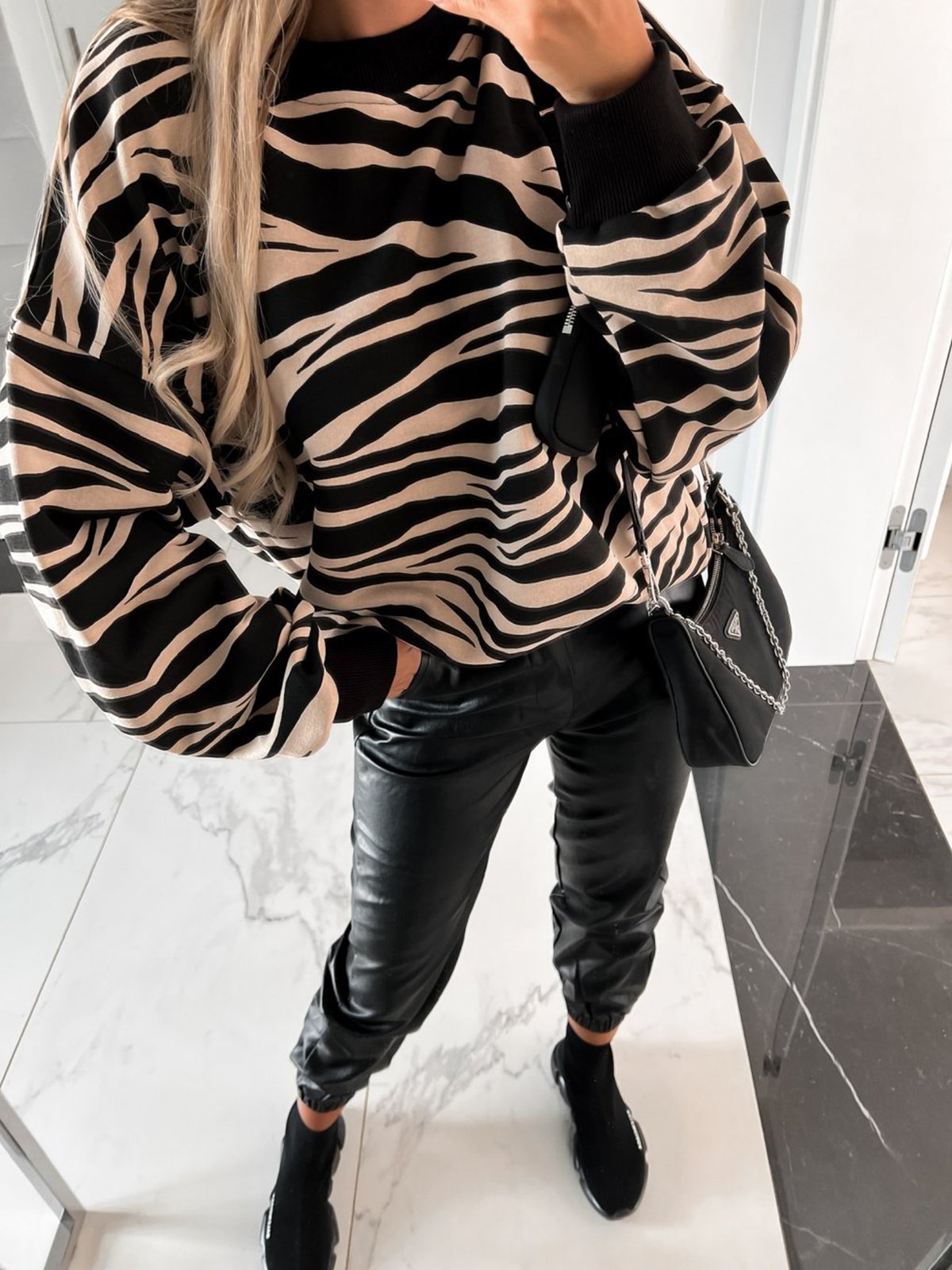 Leopard Zebra Houndstooth Loose Crew Neck Casual Sweatshirt