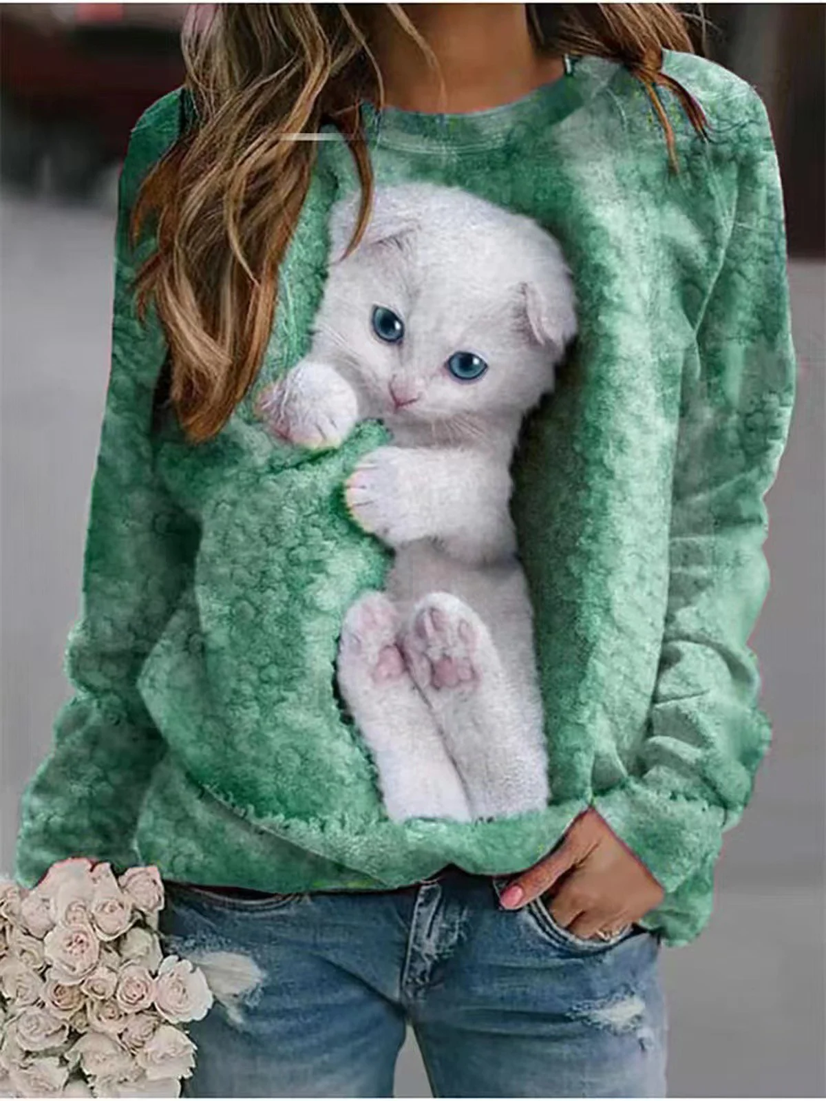 Cat Crew Neck Loose Casual Sweatshirt