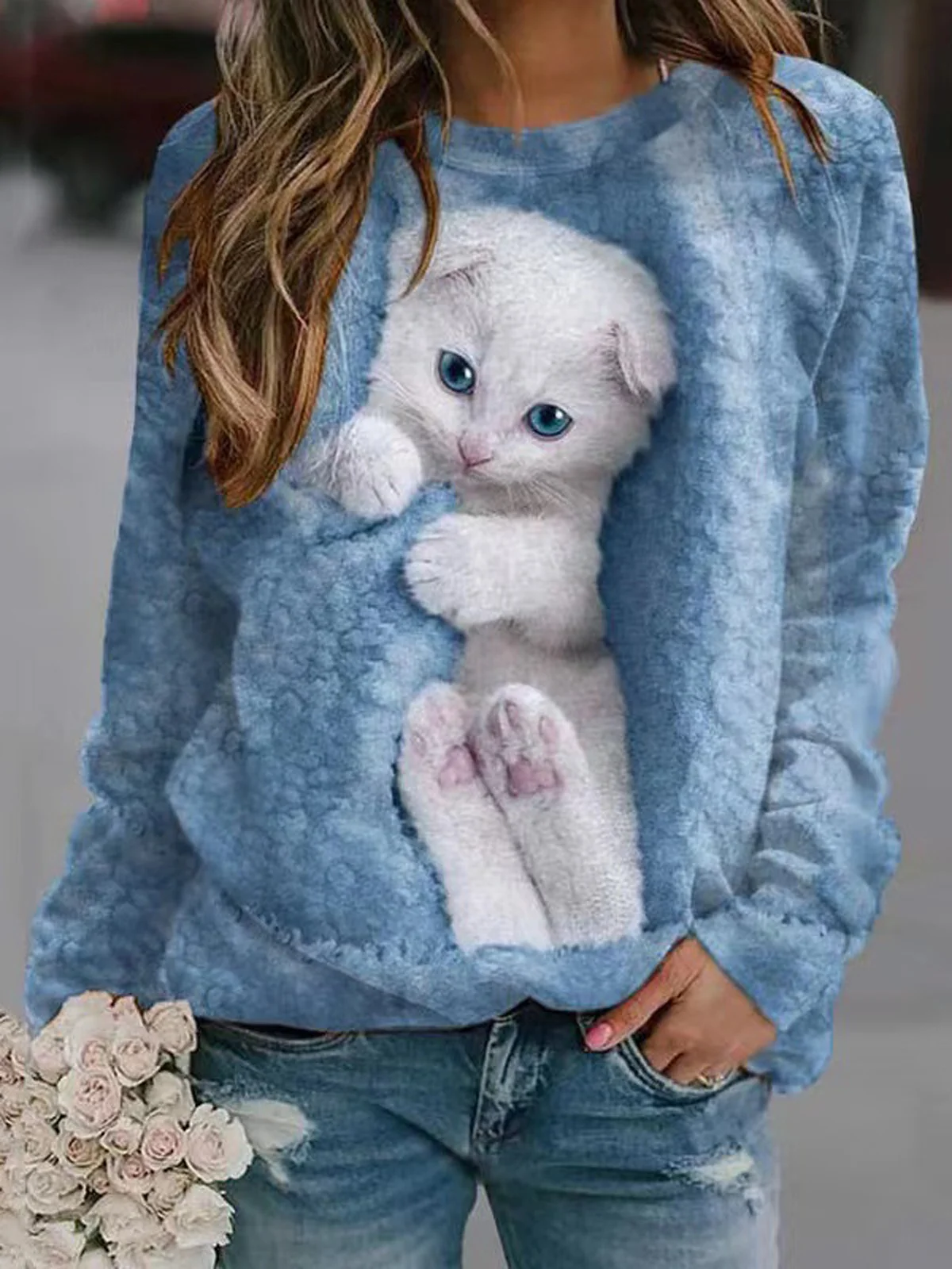 Cat Crew Neck Loose Casual Sweatshirt