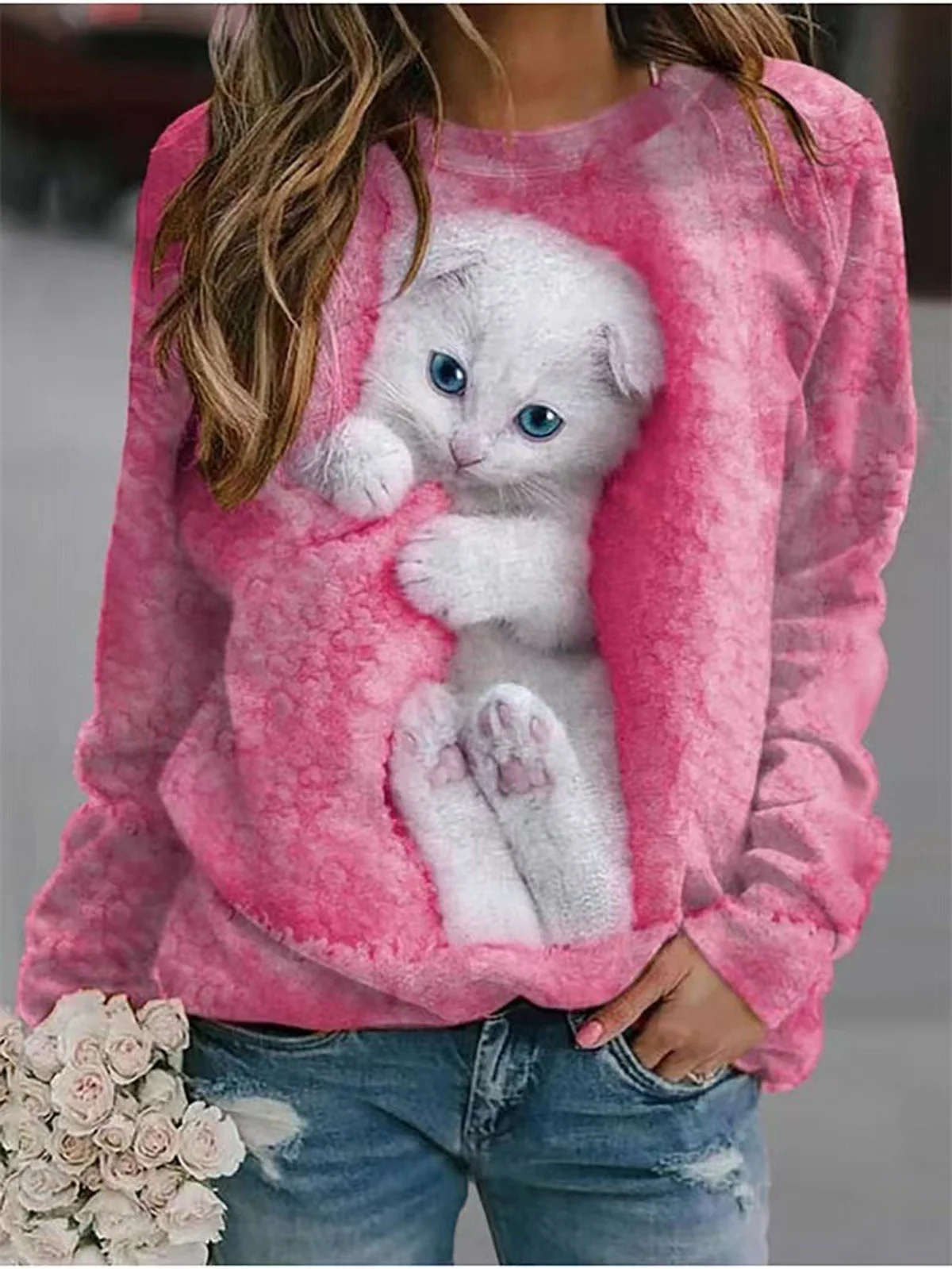 Cat Crew Neck Loose Casual Sweatshirt