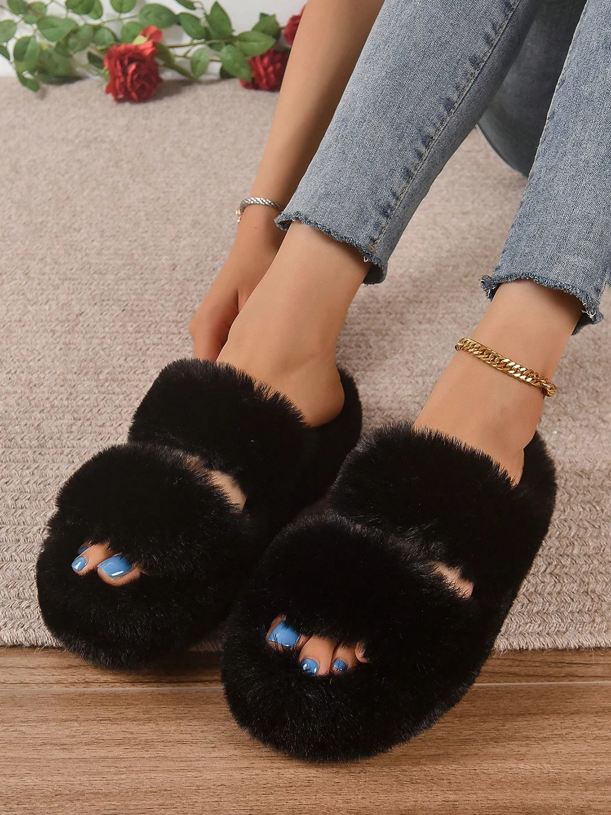 Casual Color Block Double Strap Fluffy Slippers