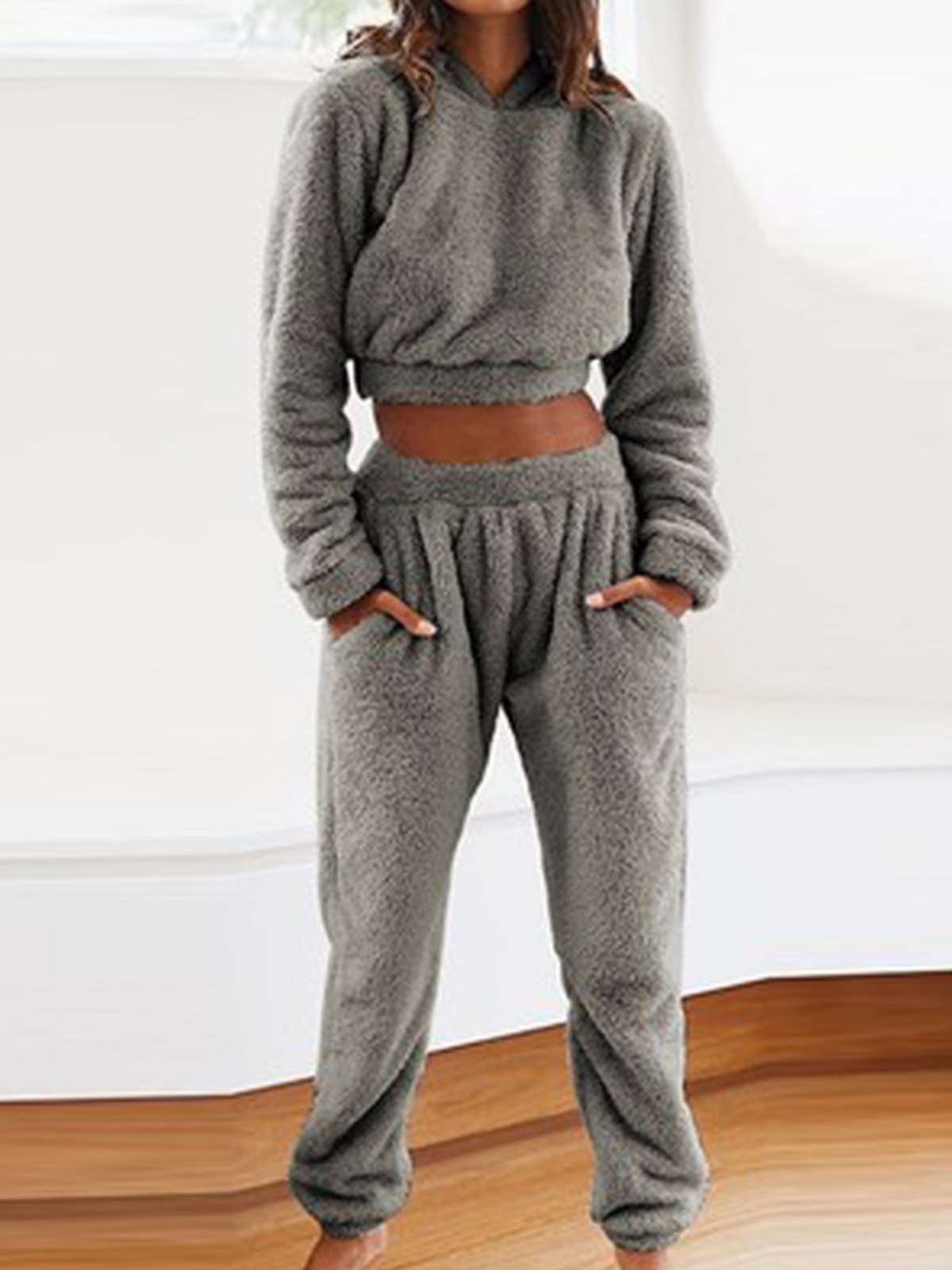 Casual Hooded Loose Plain Two-Piece Set