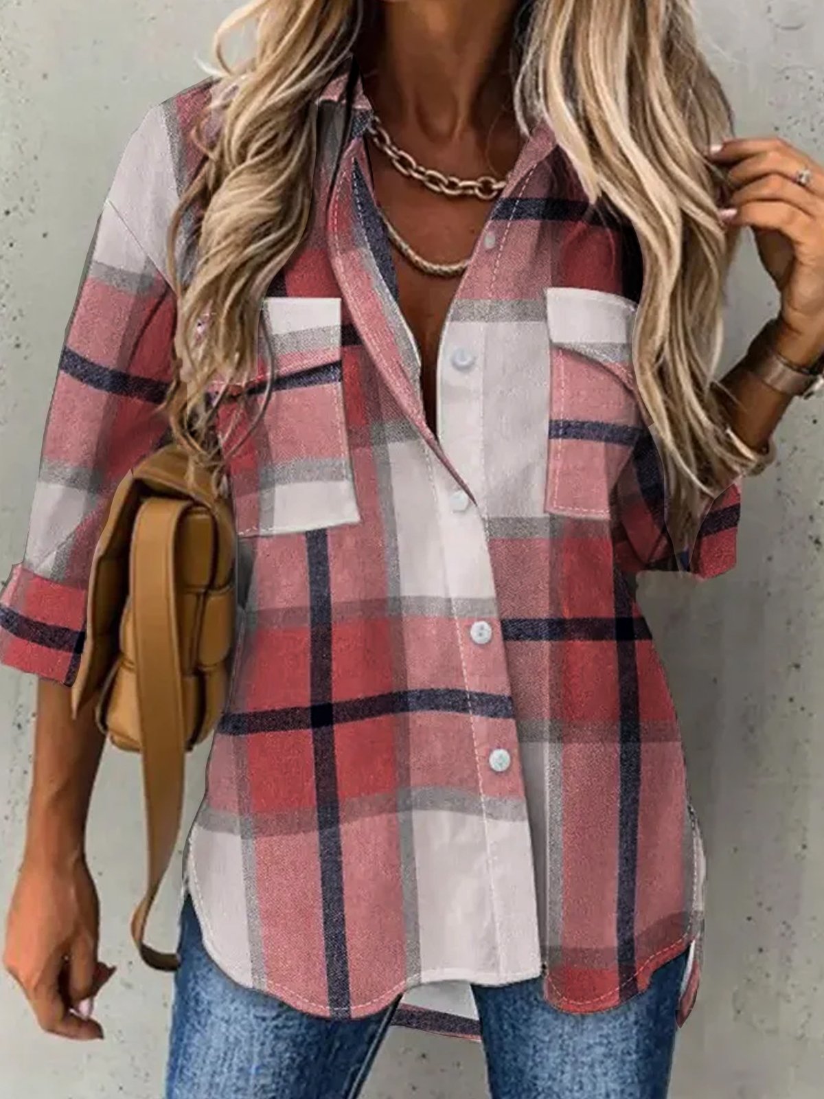 Casual Plaid Shirt Collar Blouse