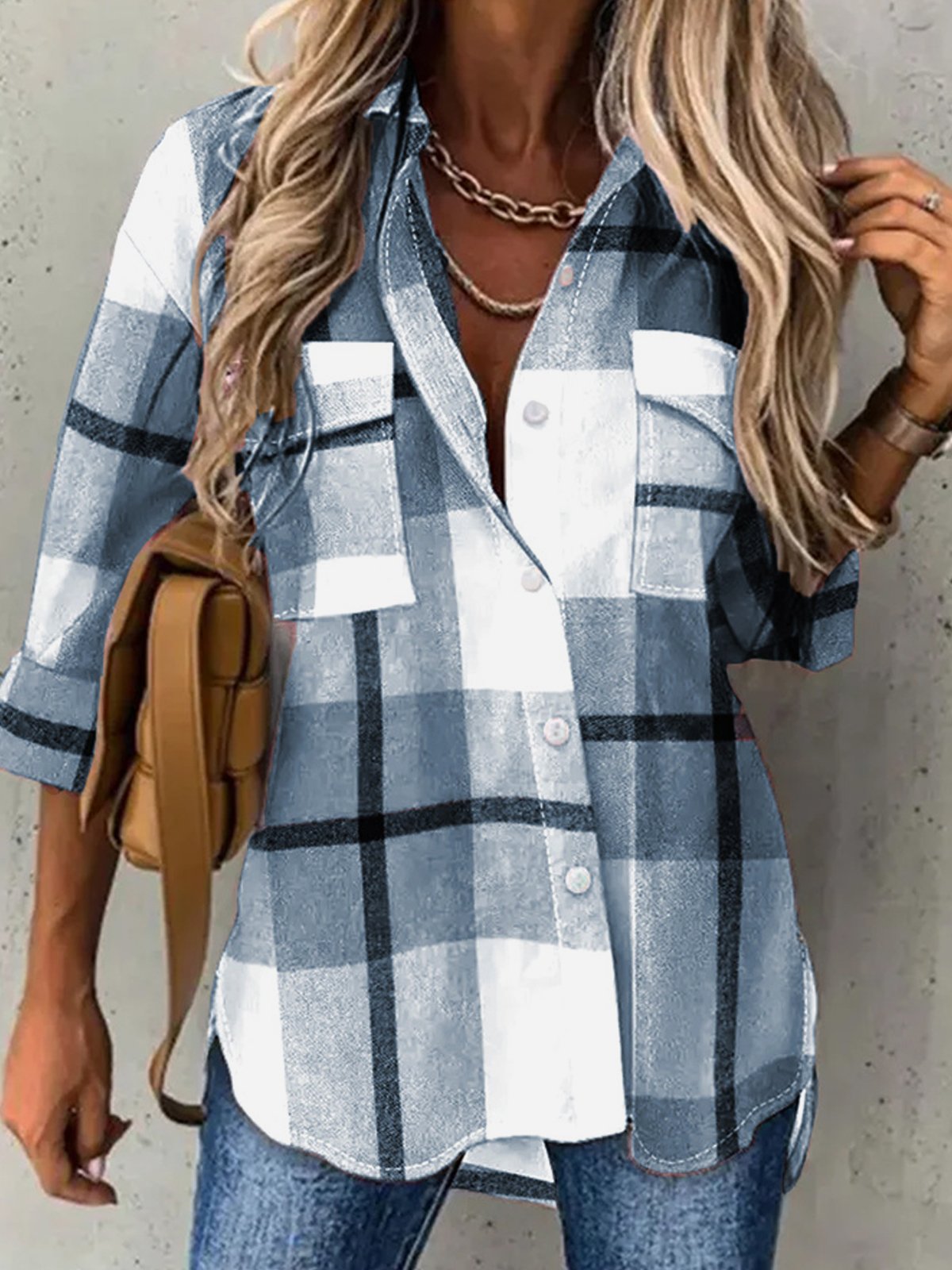 Casual Plaid Shirt Collar Blouse