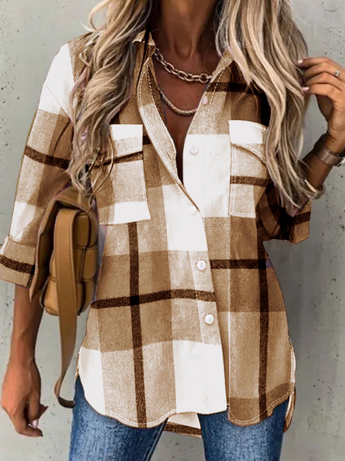 Casual Plaid Shirt Collar Blouse