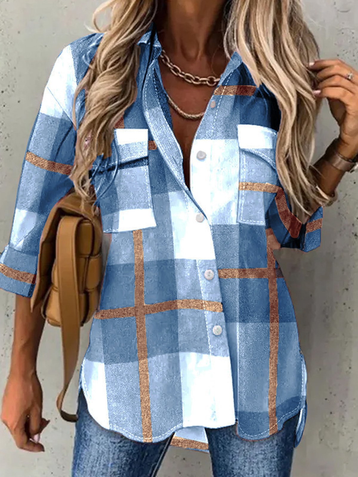 Casual Plaid Shirt Collar Blouse