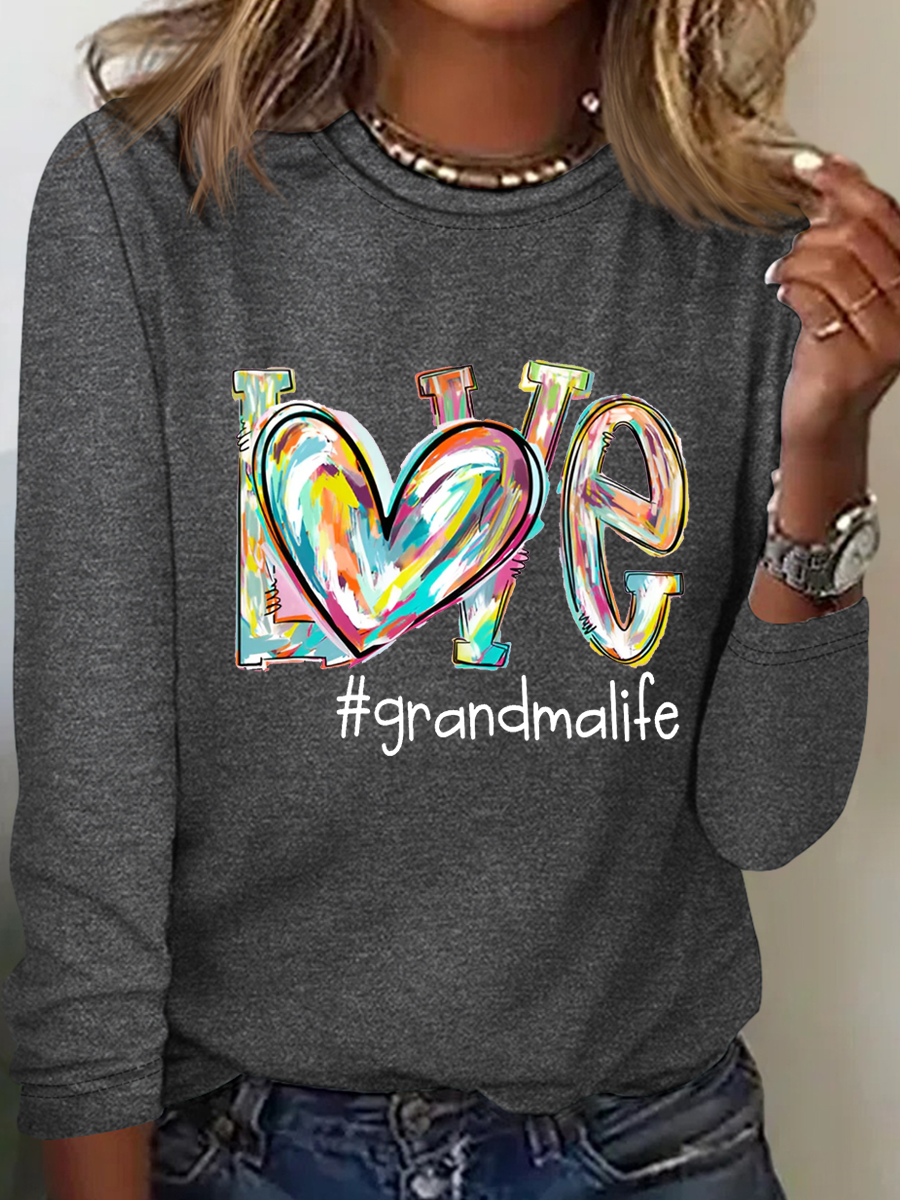Women's Love Grandma Life Cotton-Blend Casual Cat Crew Neck Long Sleeve Shirt