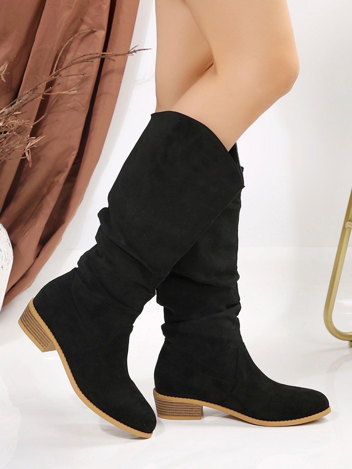 Women Ruched Slip On Corduroy Boots