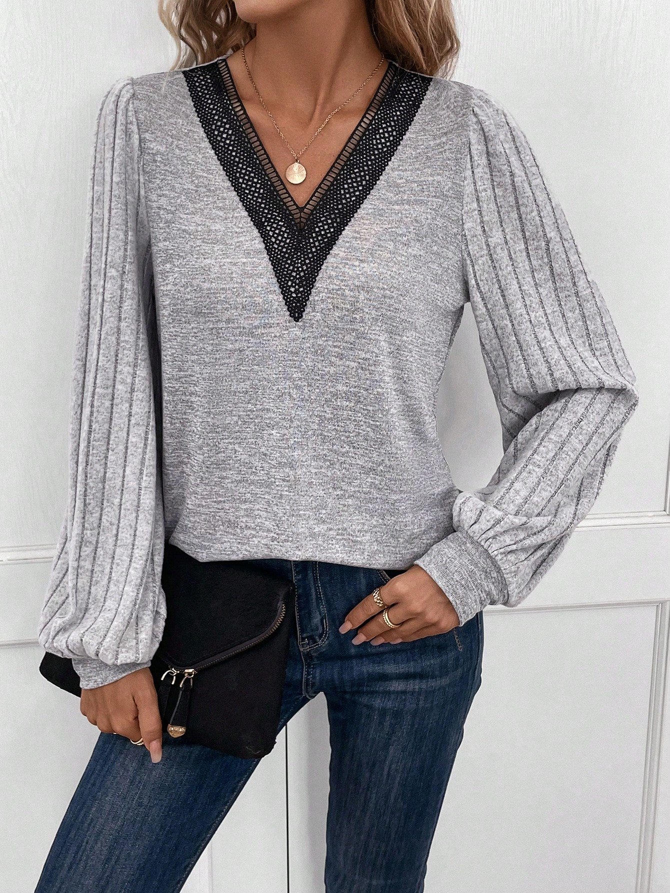 Lace Casual V Neck Loose Shirt