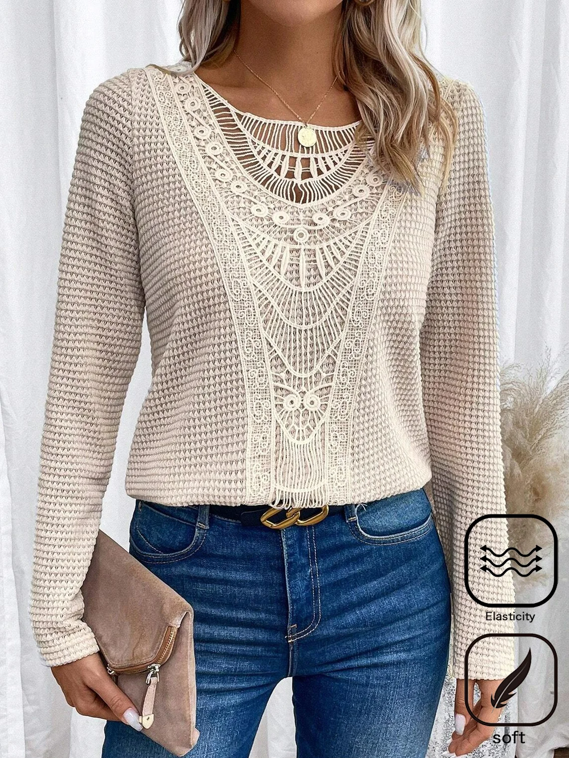 Lace Plain Casual Loose T-Shirt