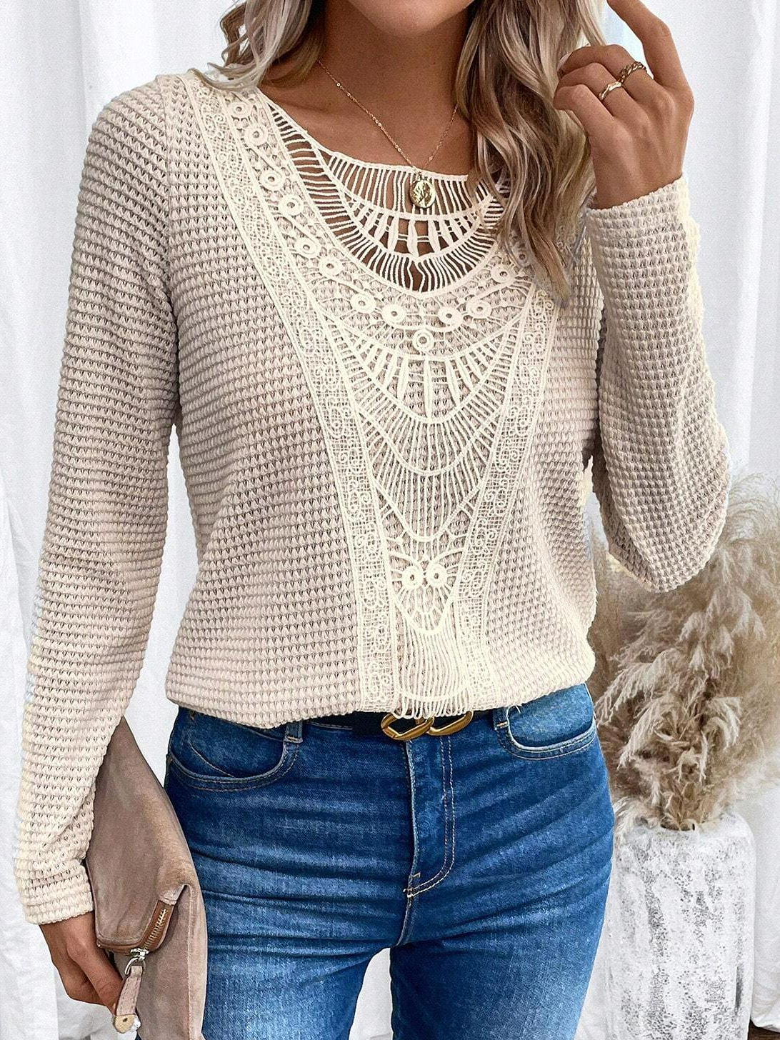 Lace Plain Casual Loose T-Shirt