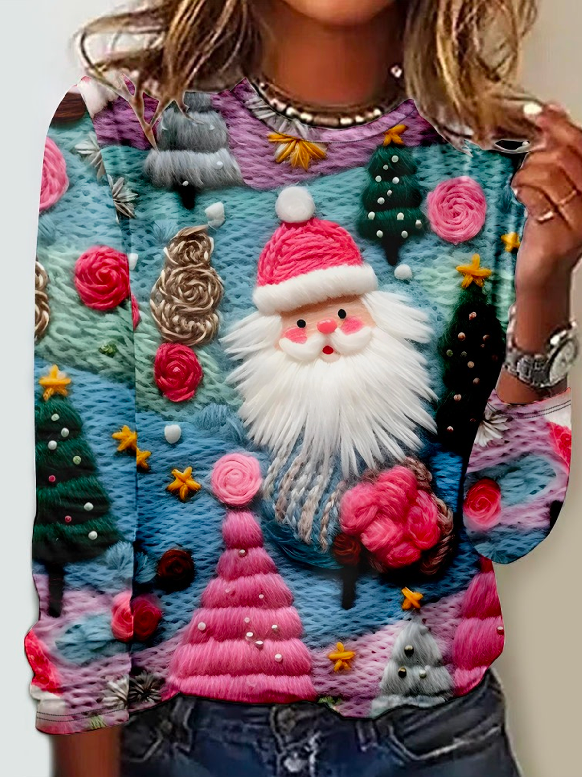 Pink Santa Claus Pattern Crew Neck Regular Fit Casual Long Sleeve Print Shirt