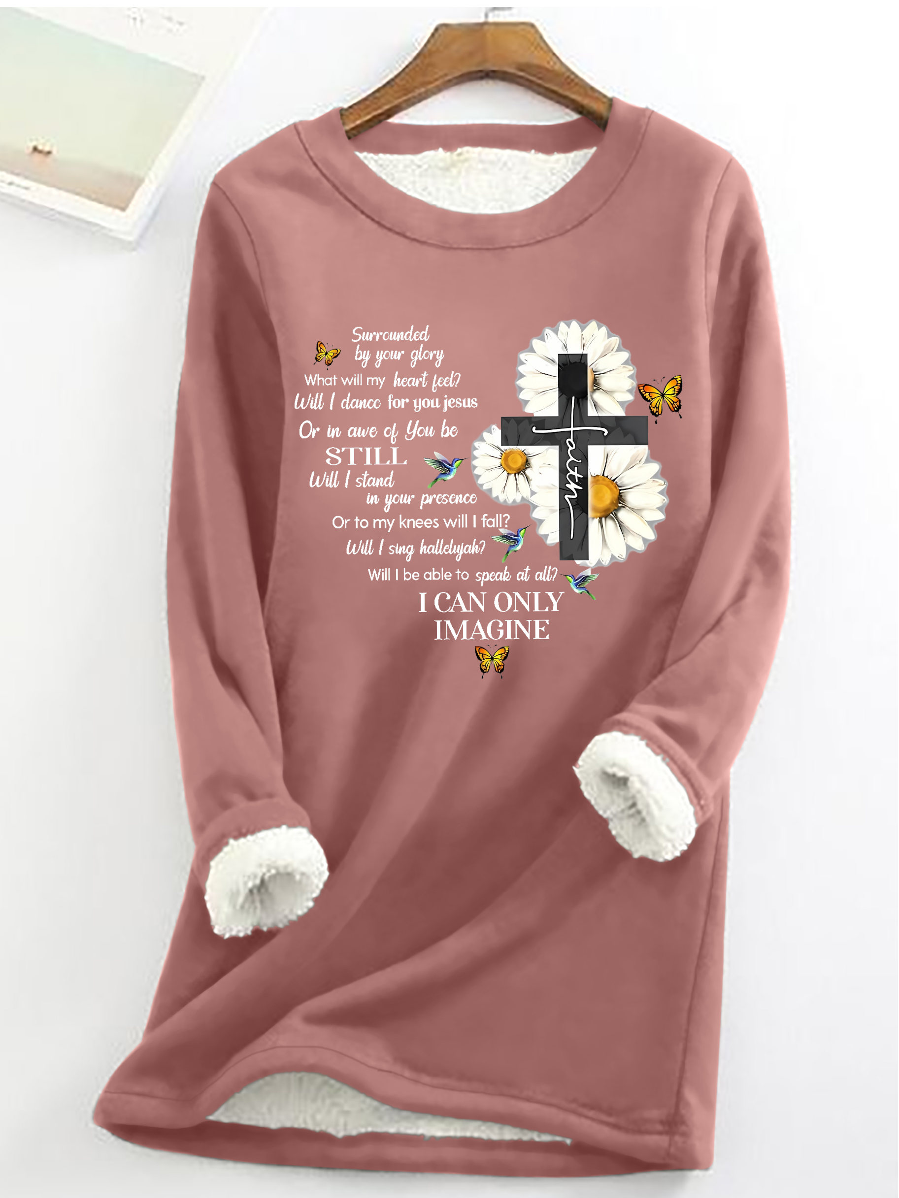 Women's Mercyme I Can Only Imagine Daisy Cross Christian Casual Crew Neck Fleece Sweatshirt