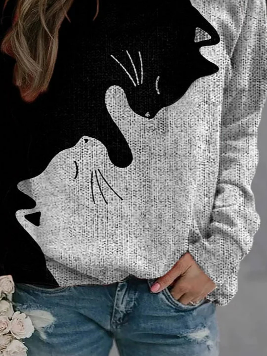 Crew Neck Casual Loose Cat Sweatshirt