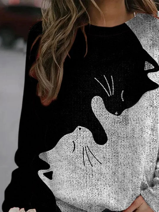 Crew Neck Casual Loose Cat Sweatshirt