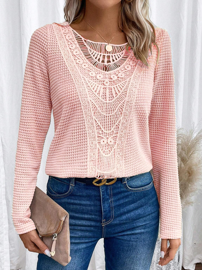 Lace Plain Casual Loose T-Shirt