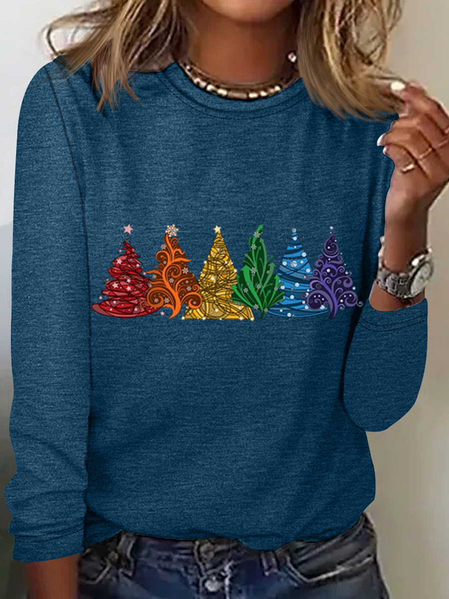 Women's Christmas Tree Cotton-Blend Crew Neck Casual Long Sleeve Shirt