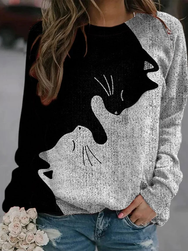 Crew Neck Casual Loose Cat Sweatshirt