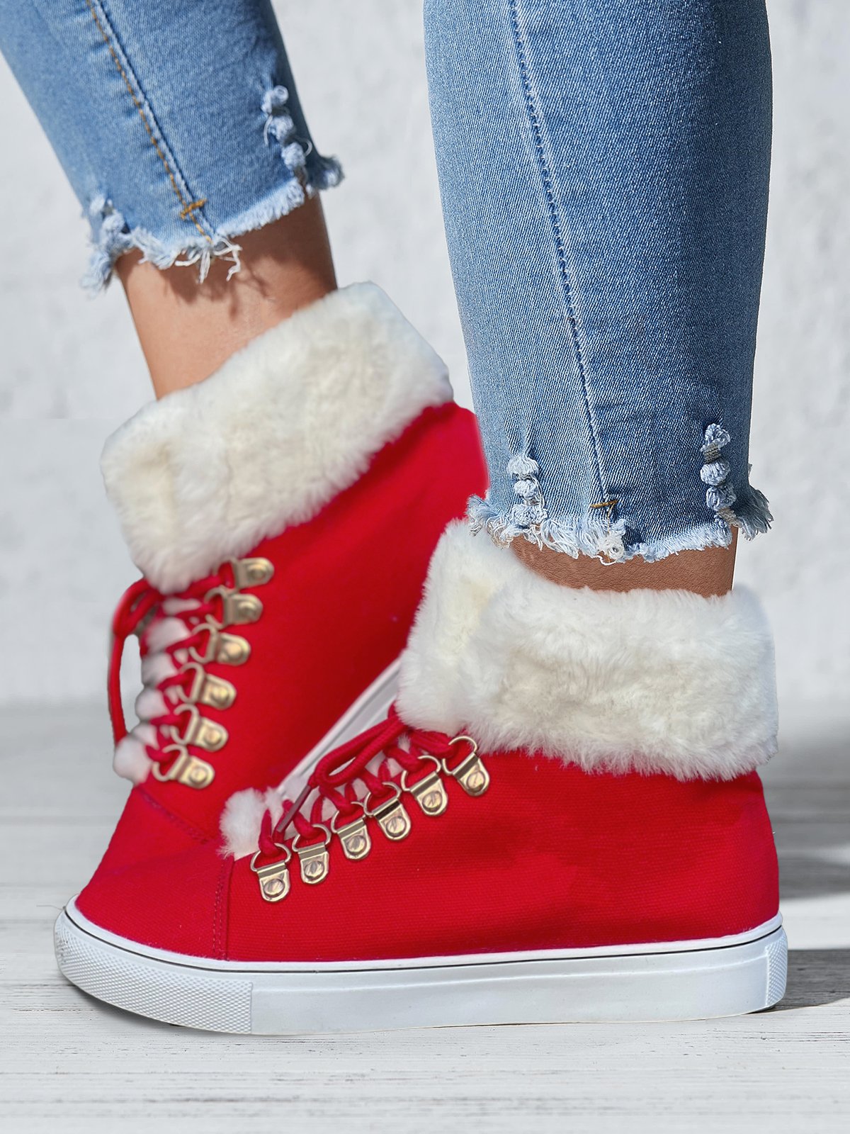 Christmas Furry Canvas Lace-up Ankle Boots