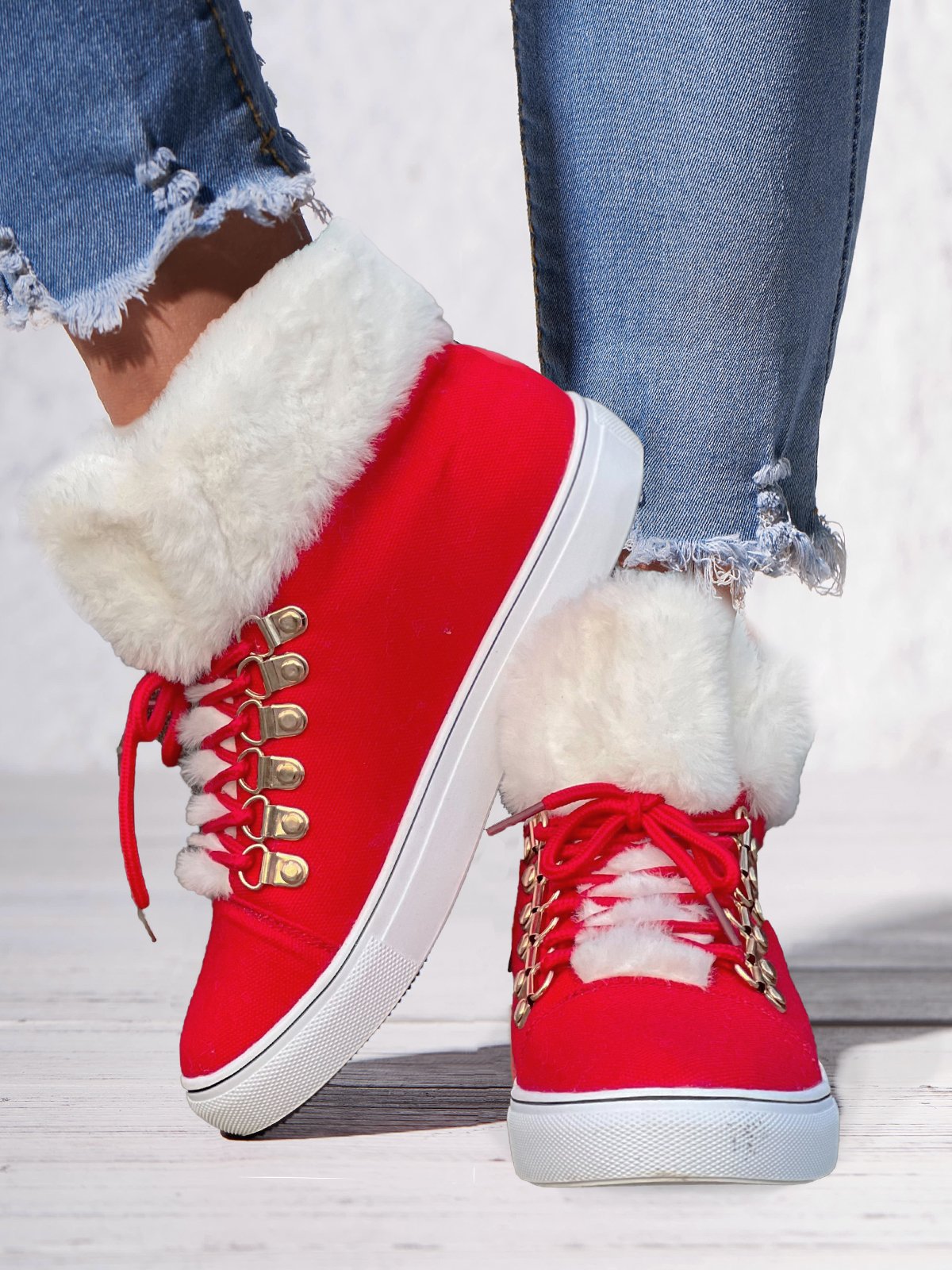 Christmas Furry Canvas Lace-up Ankle Boots