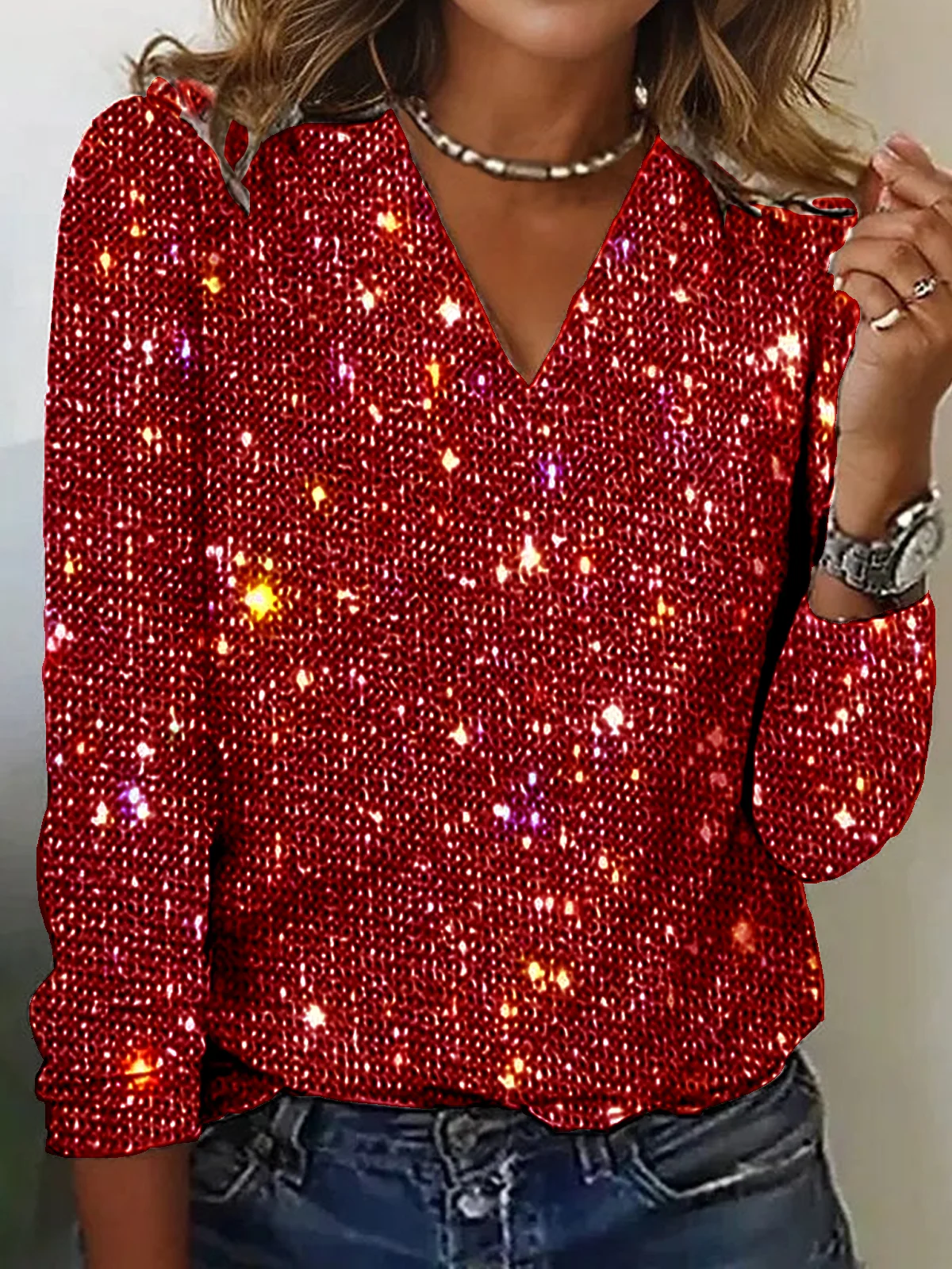 Women's Sequin T-Shirt Tee Sparkly Glitter V Neck Loose Holiday Formal Party Evening Silver Red Champagne Black Green Pink Rose