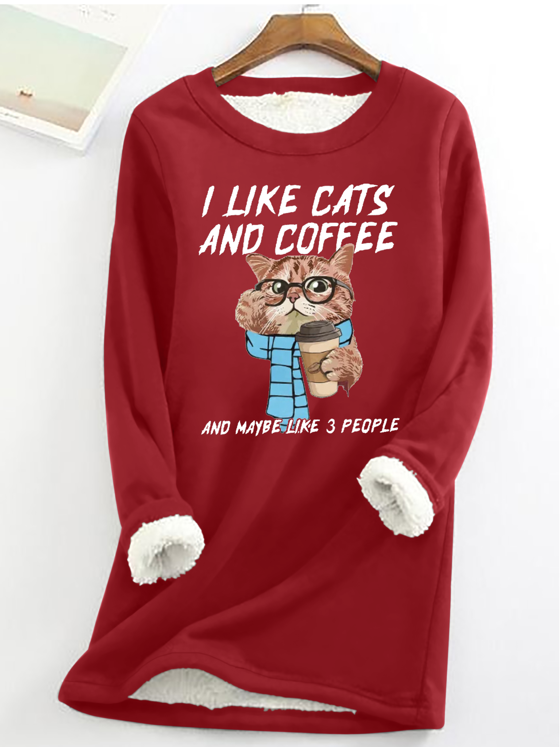 Women'S Cat Print Casual Crew Neck Cotton-Blend Fleece Sweatshirt