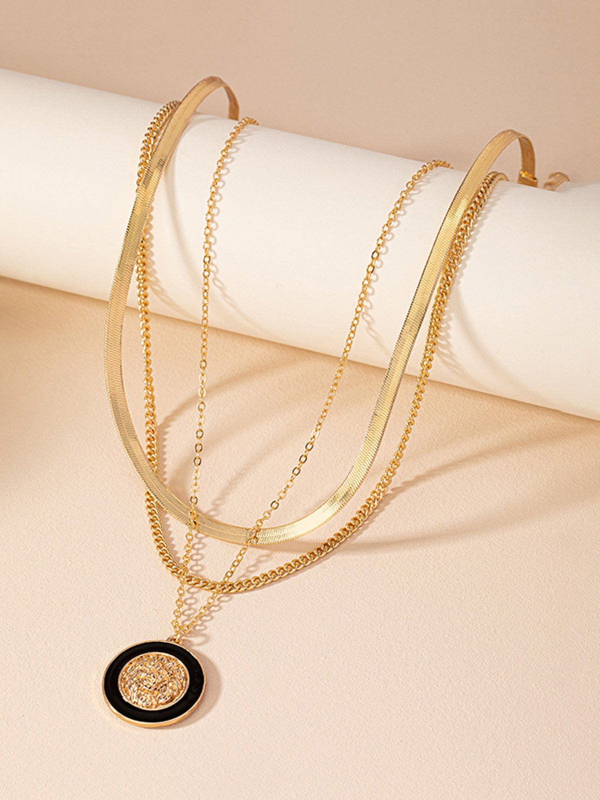 Stylish Color-block Embossed Coin Multi-layer Necklace