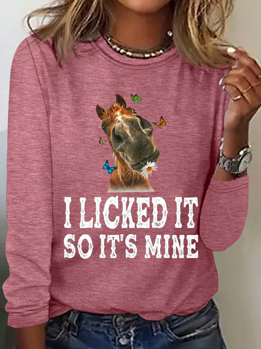 Funny Horse And Butterflies I Licked It So It’S Mine Cotton-Blend Casual Long Sleeve Shirt
