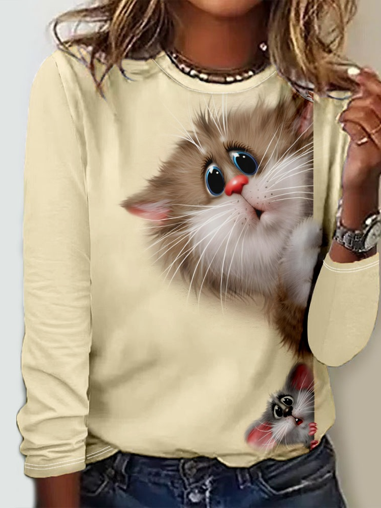 Women's Crew Neck Casual Funny Cat Long Sleeve Shirt