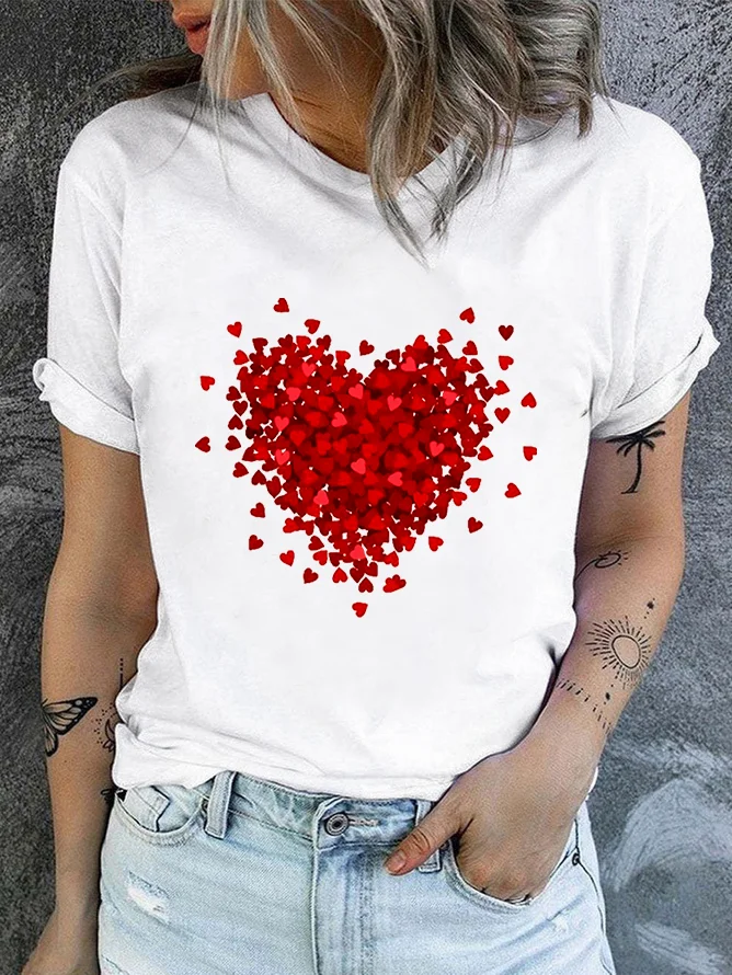 Women's Heart Print T-Shirt Tee For Valentine's Day Gifts Cotton Top Crew Neck Casual Short Sleeve Top Spring & Summer White Blue Purple Greay Pink