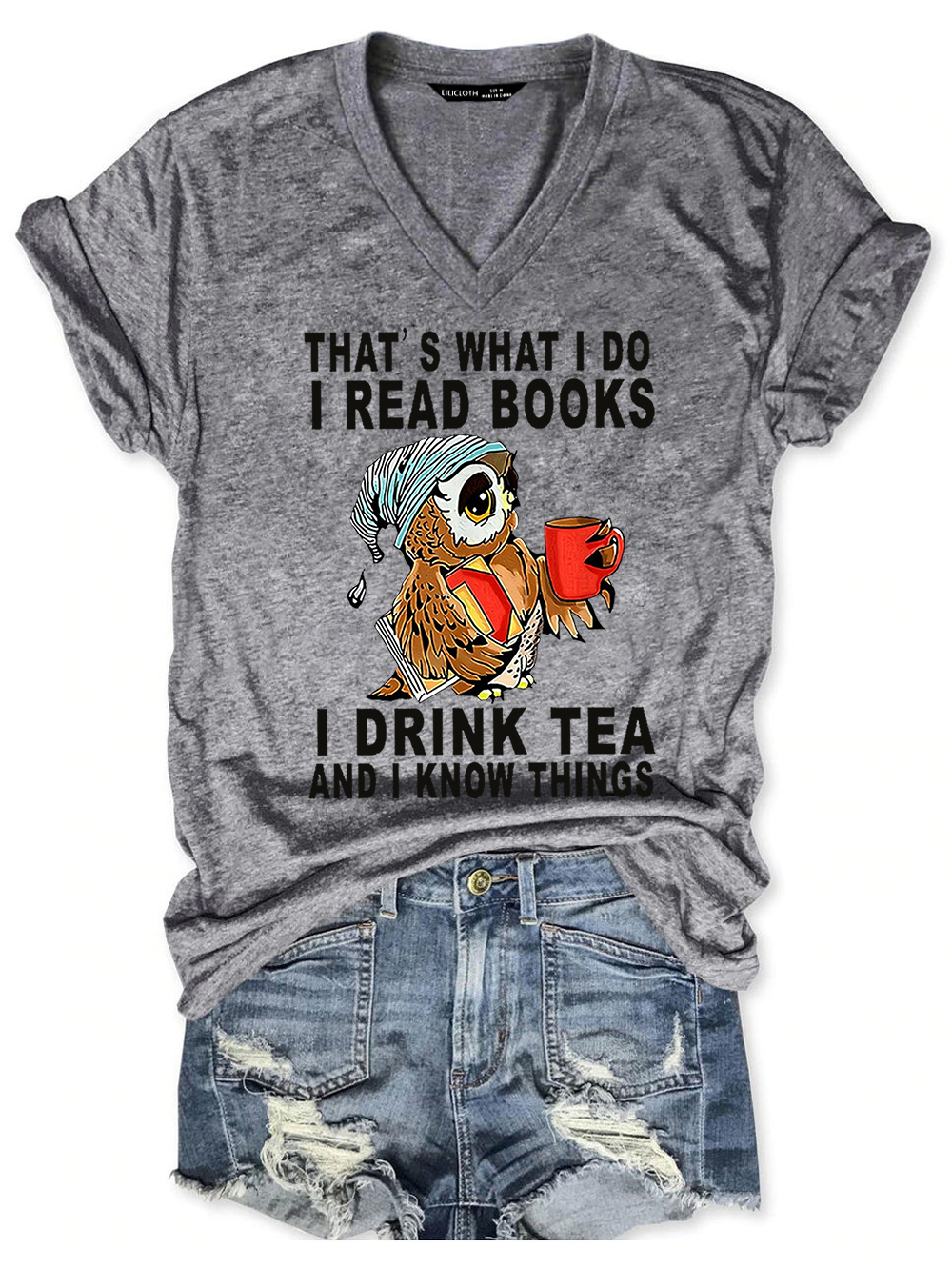 Women Owl That’s What I Do I Read Books I Drink Tea And I Know Things Vintage Cotton-Blend V Neck Animal T-Shirt