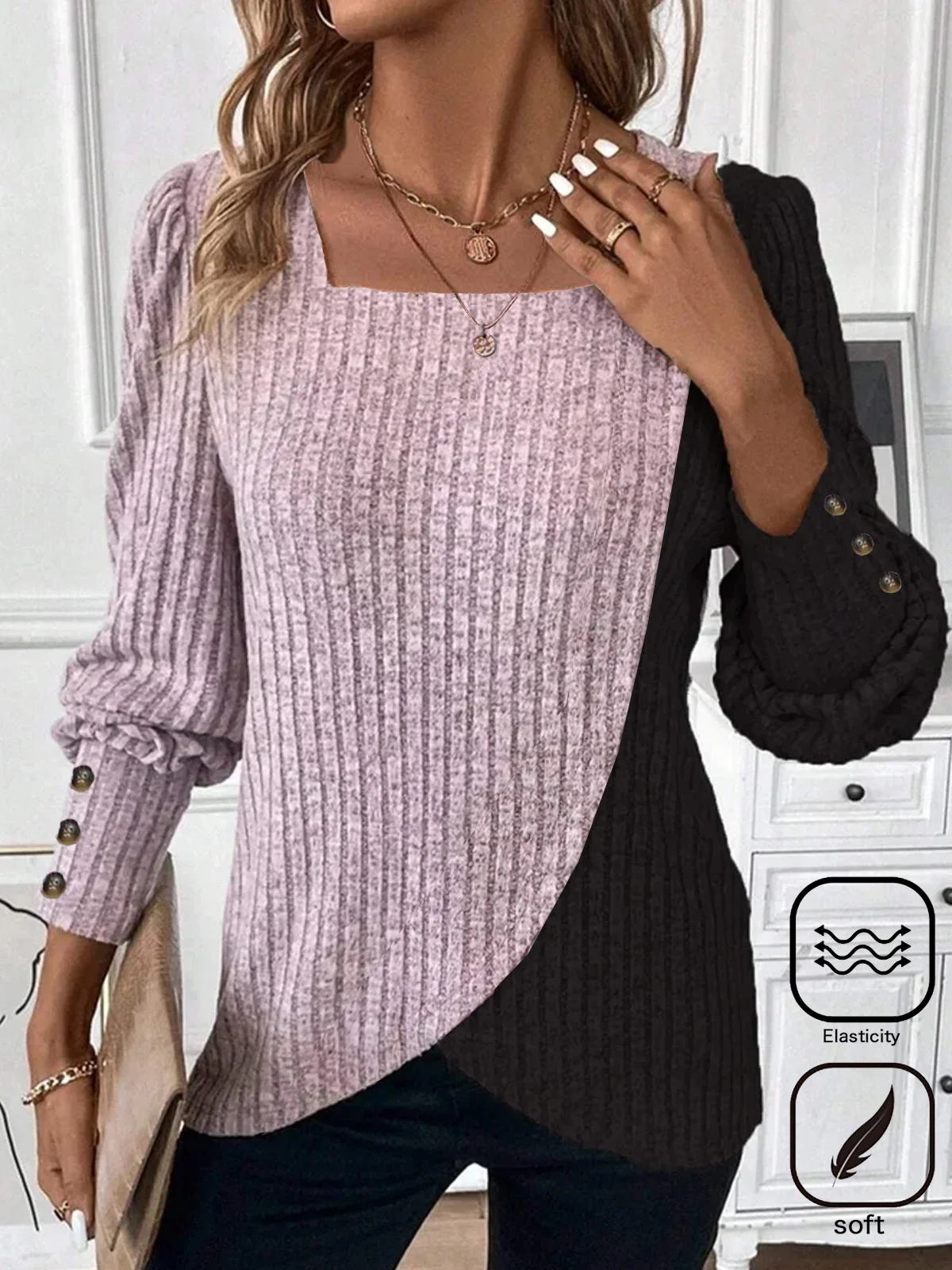 Knitted Square Neck Casual Buckle T-Shirt