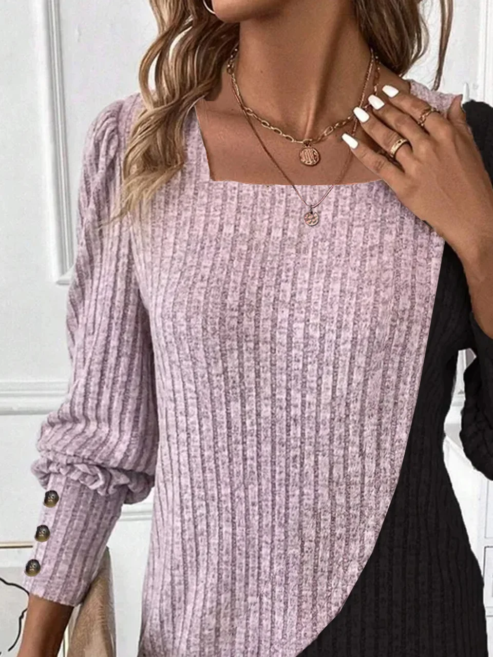 Knitted Square Neck Casual Buckle T-Shirt