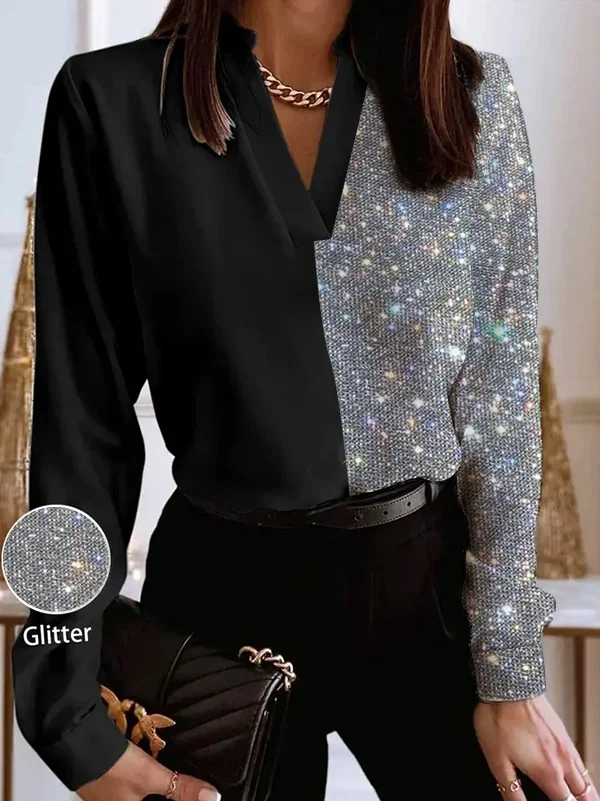Elegant Loose V Neck Glitter Shirt