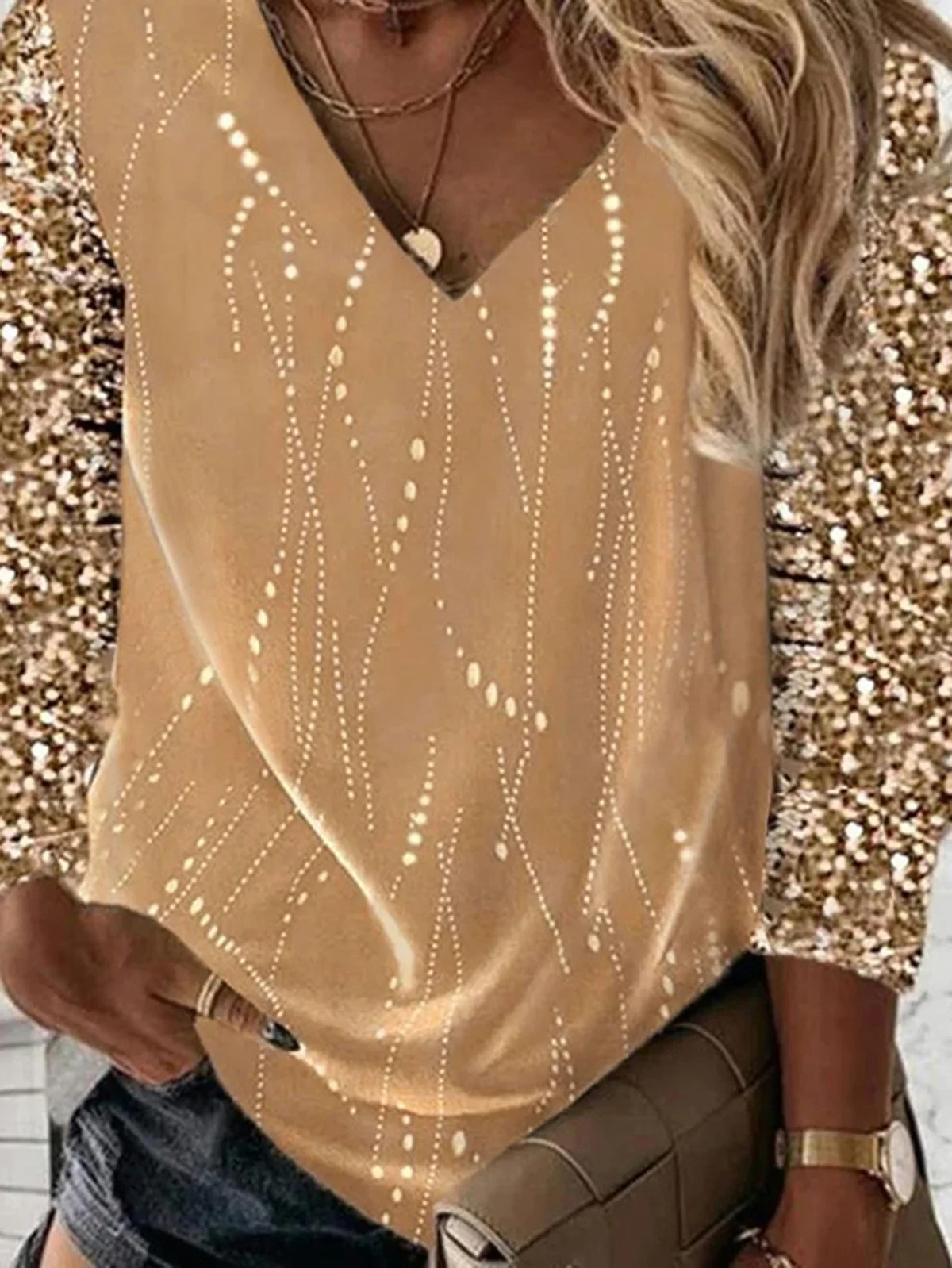 V Neck Casual Glitter Plain Shirt