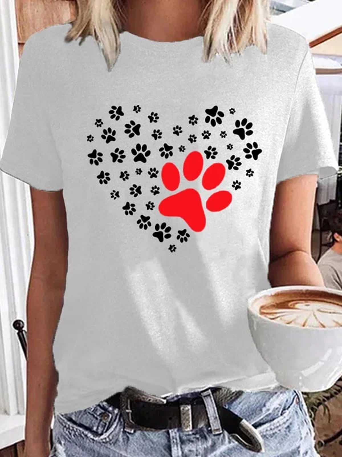 Women's Tee T-Shirt Heart Print Casual Crew Neck Top Valentine's Day Gifts Black White Gray Red