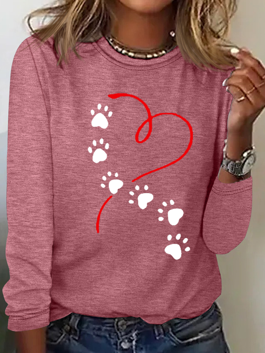 Women's T-Shirt Tee Funny Dog Paw Simple Heart Long Sleeve Spring Top Valentine's Day Gifts 