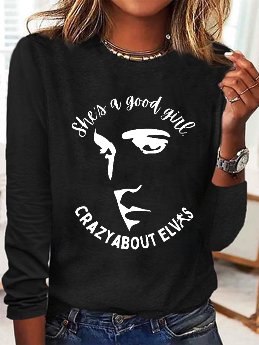 Women's She Is A Good Girl Crazy About King Of Rock Roll Print Simple Crew Neck Long Sleeve Shirt Tee Valentine's Day Gifts