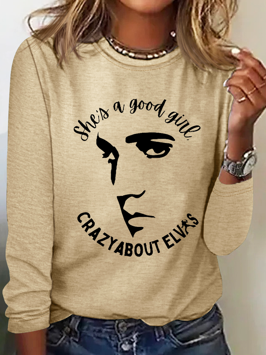 Women's She Is A Good Girl Crazy About King Of Rock Roll Print Simple Crew Neck Long Sleeve Shirt Tee Valentine's Day Gifts