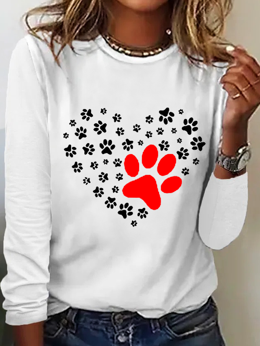 Women's Funny Dog's Paw Crew Neck Simple Heart Cotton-Blend Long Sleeve T-Shirt Tee Valentine's Day Gifts Spring Pink White Black Green Blue Gray Khaki 