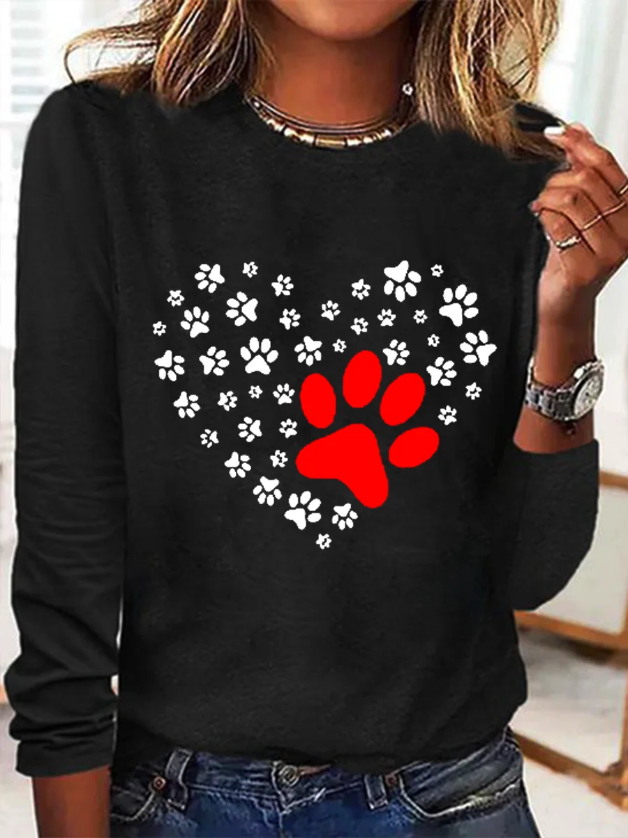 Women's Funny Dog's Paw Crew Neck Simple Heart Cotton-Blend Long Sleeve T-Shirt Tee Valentine's Day Gifts Spring Pink White Black Green Blue Gray Khaki 