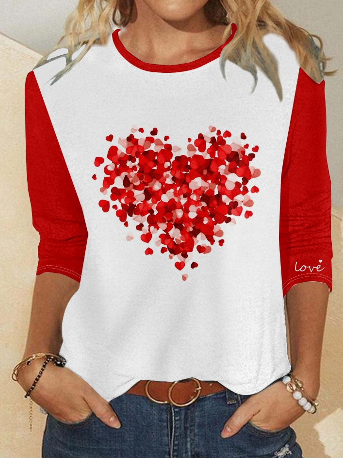 Women's Tee T-Shirt Red Heart Print Casual Crew Neck Top Valentine's Day Gifts Spring Long Sleeve