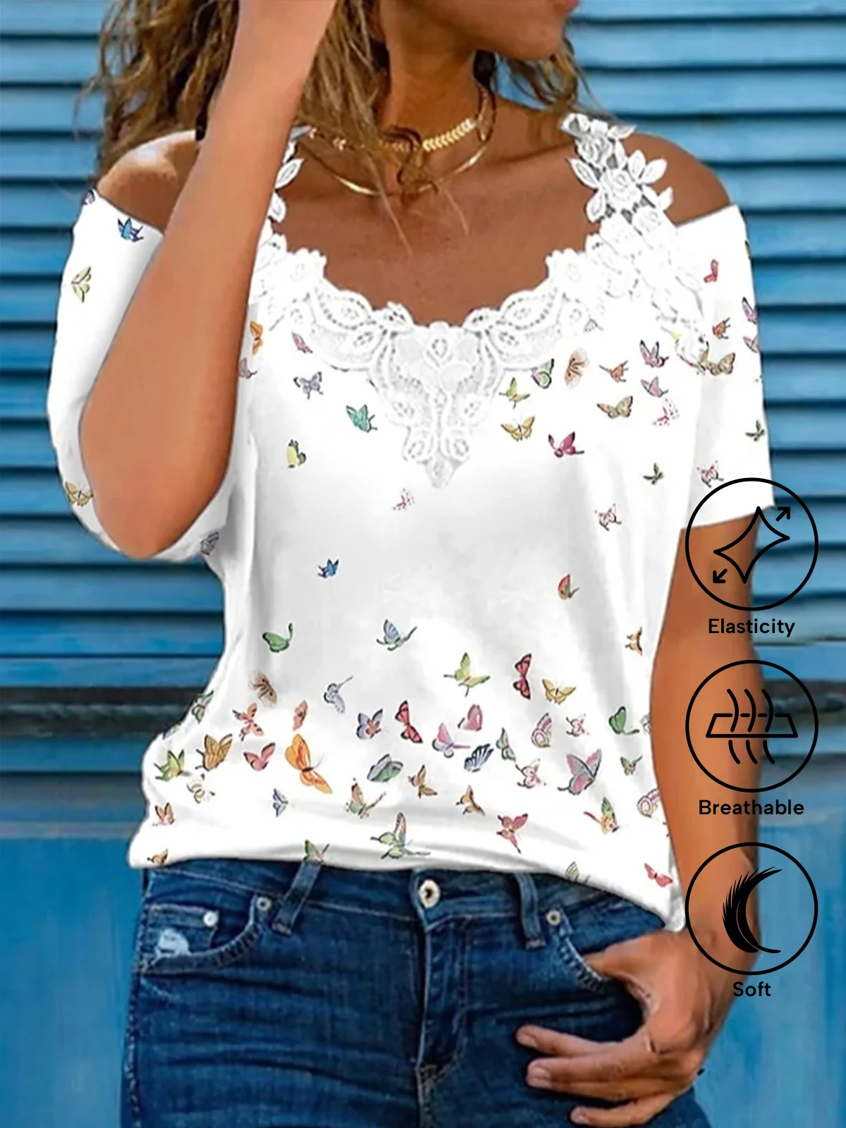 Casual V Neck Butterfly Lace Shirt | anniecloth