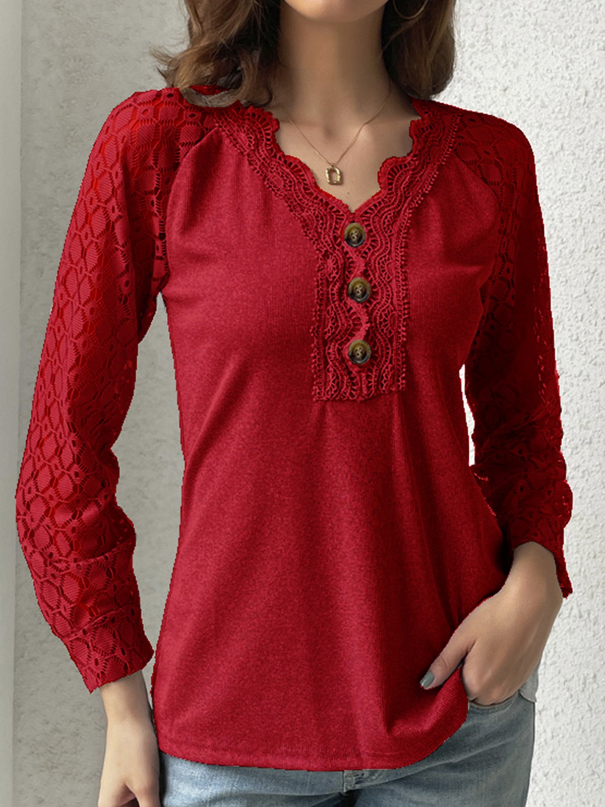 V Neck Casual Plain Lace Bukle T-Shirt