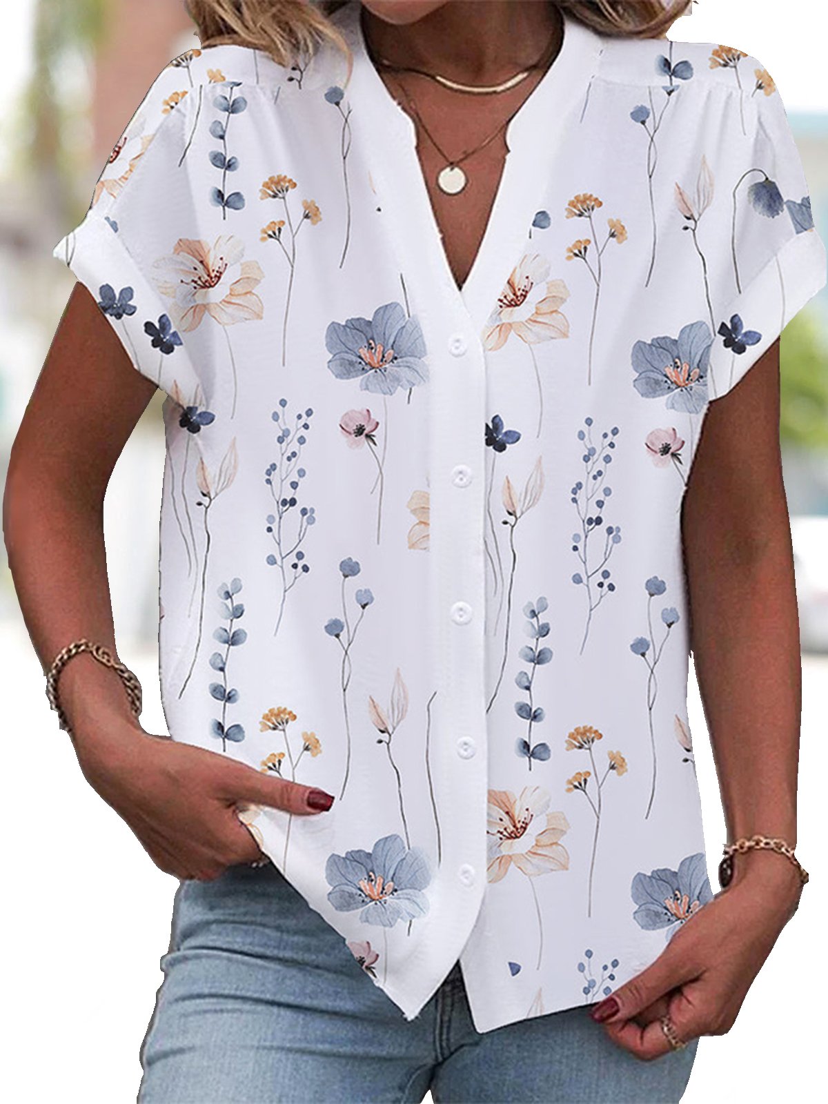  Women's V Neck T-Shirt Micro-Elasticity Buttoned Floral Loose Casual Blouse