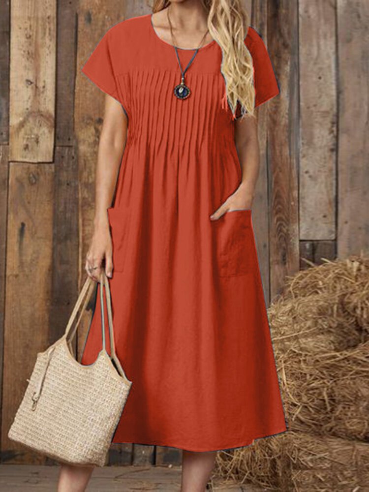 Linen Plain Pocket Stitching Cotton And Linen Dress