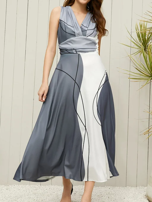 Elegant Abstract Stripes V Neck Dress With No