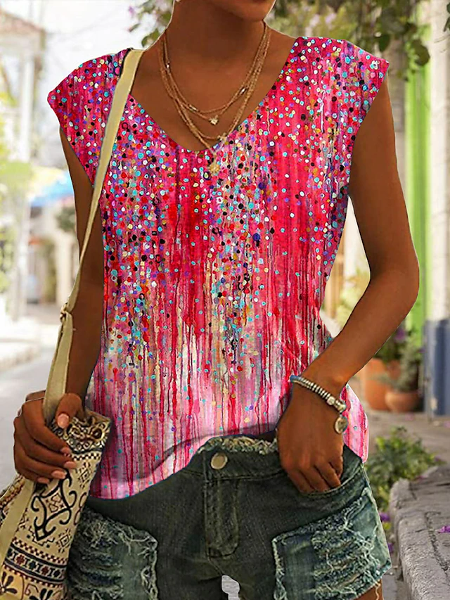 V Neck Casual Floral Knitted Tank Top